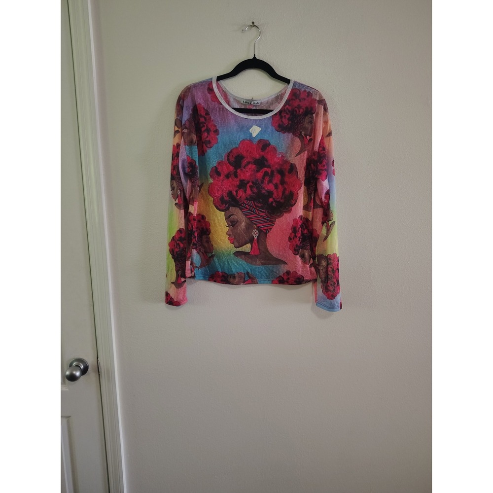 Love J Womens Afro Art Graphic Print Long Sleeve Top Multi Color Size Medium